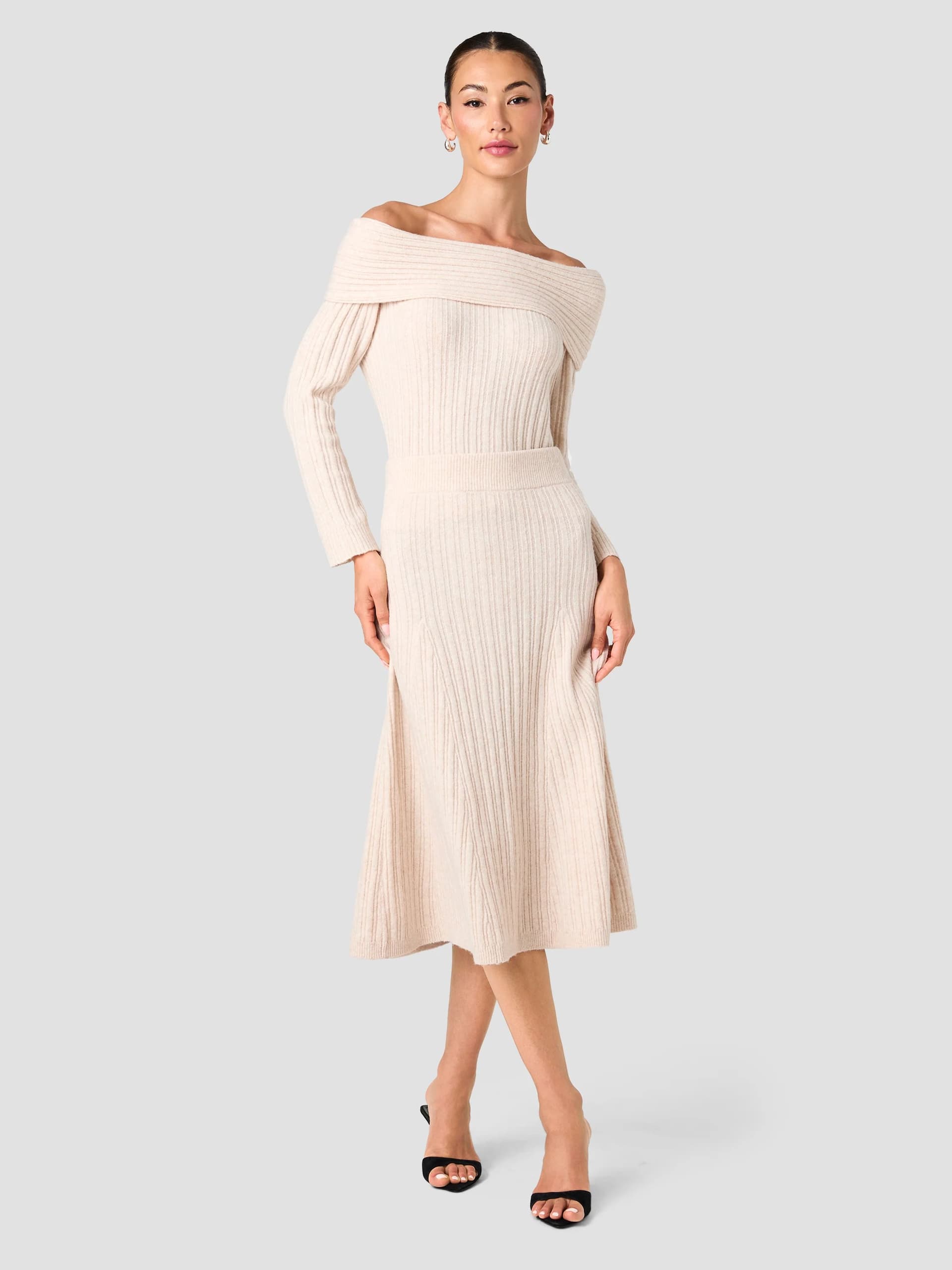 French Connection Cream Ribbed Knit Pull-On Midi Skirt Oatmeal Mel