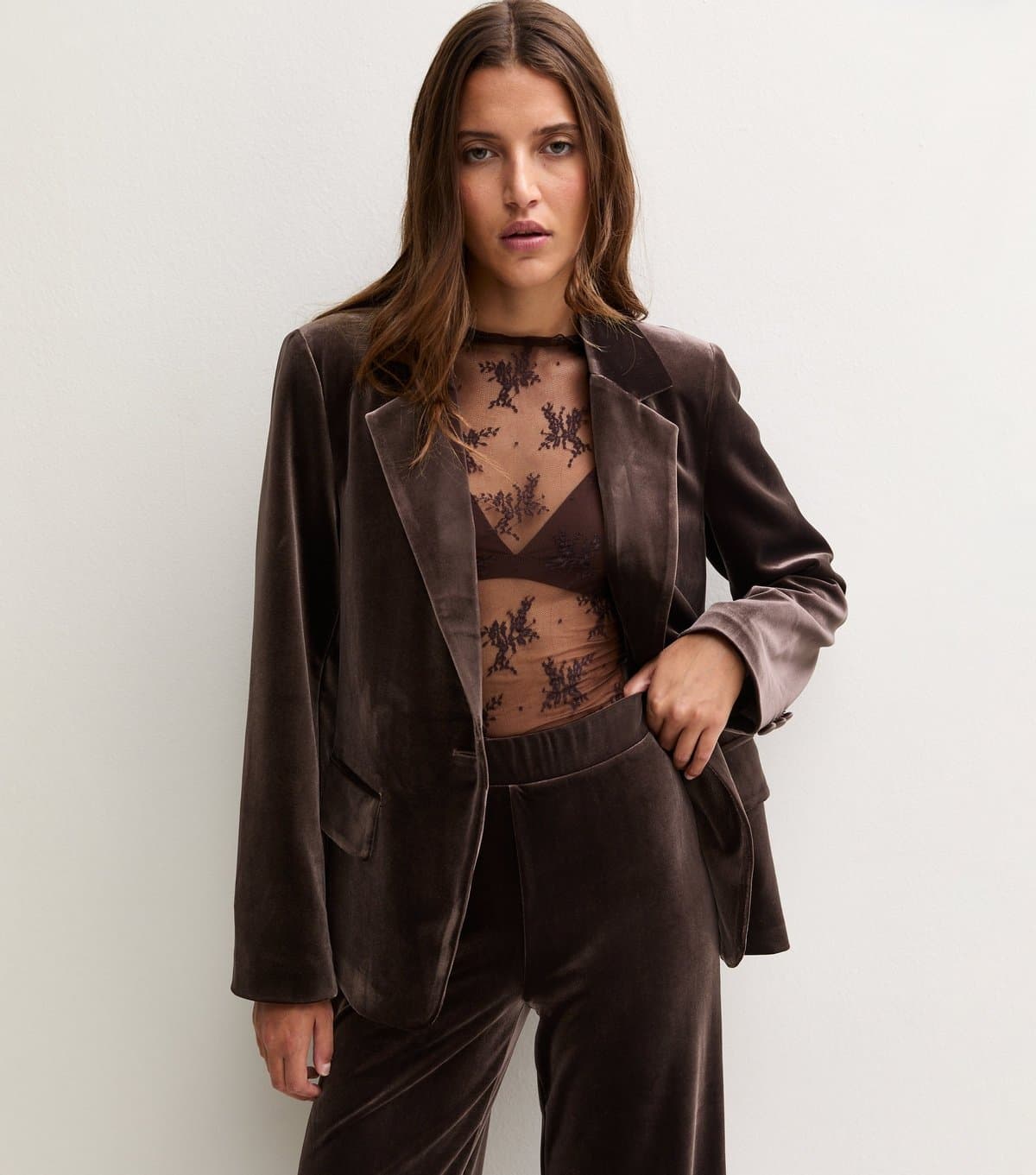 New Look Women's Dark Brown Velvet Relaxed Blazer New Look