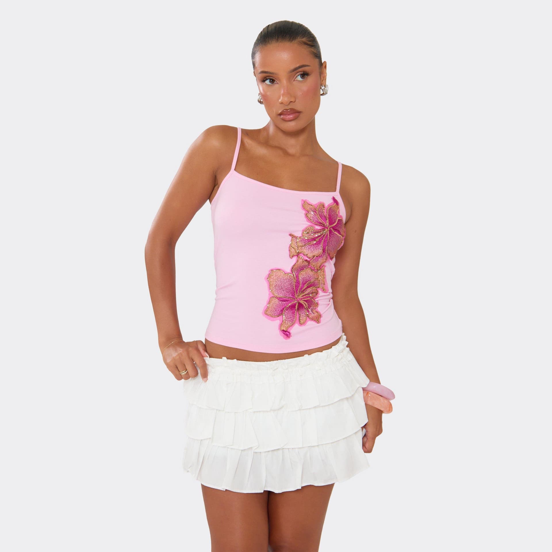 EGO EGO Pink Embroidered Flower Detail Cami Top