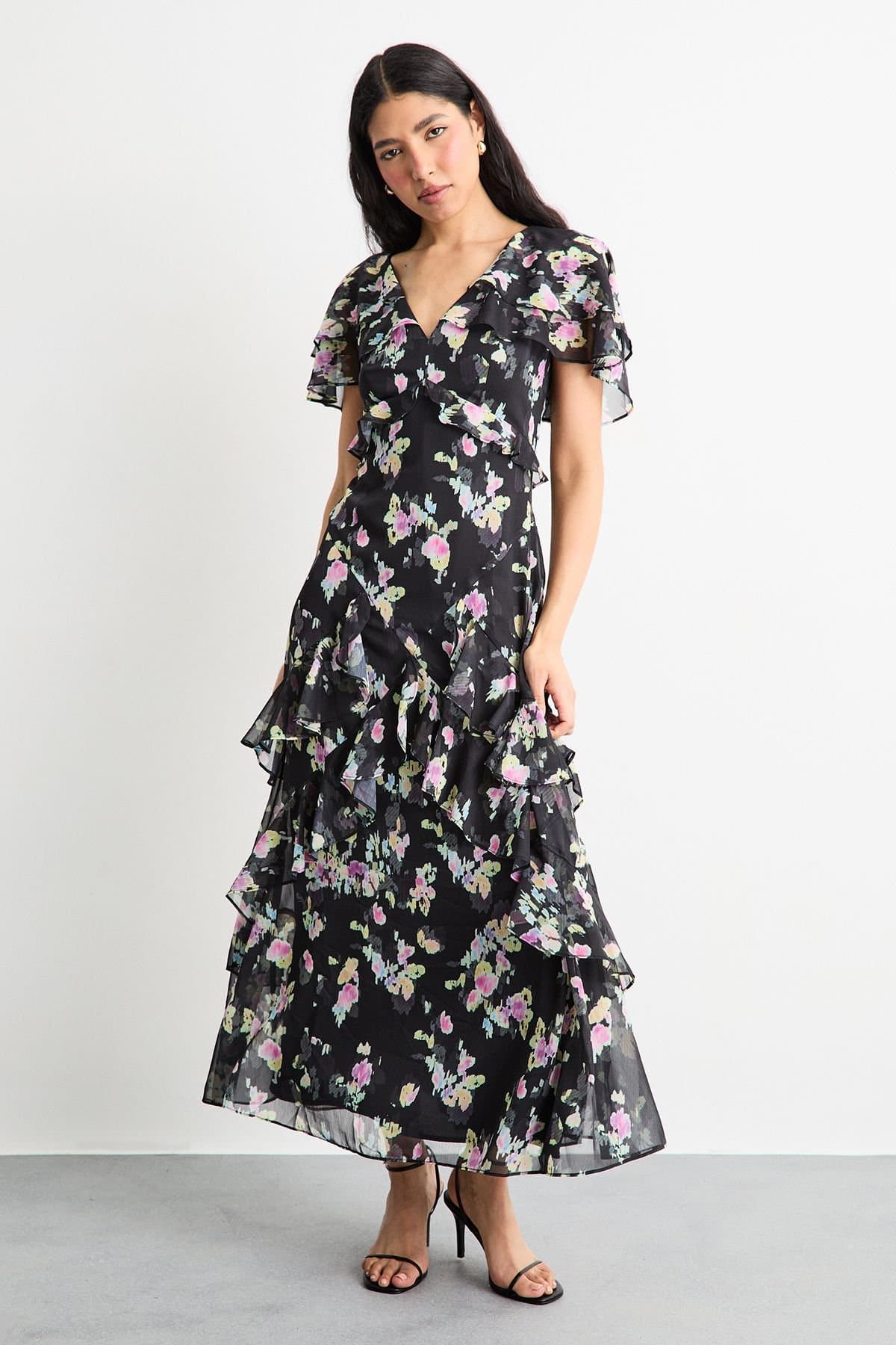 Warehouse Warehouse Women's Flutter Sleeve Floral Print Frill Detail Maxi Dress in Black