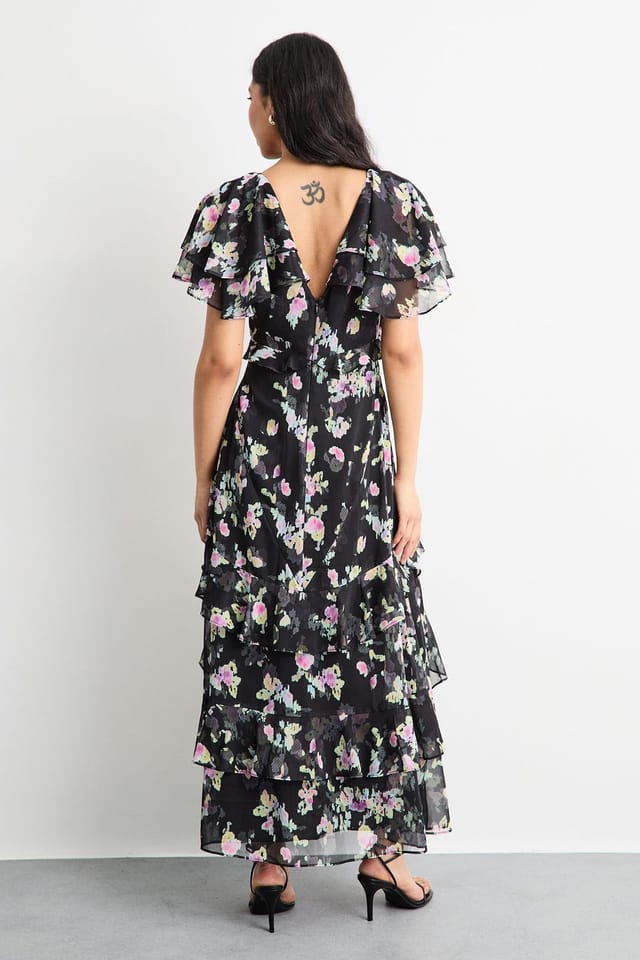 Warehouse Warehouse Women's Flutter Sleeve Floral Print Frill Detail Maxi Dress in Black - 3