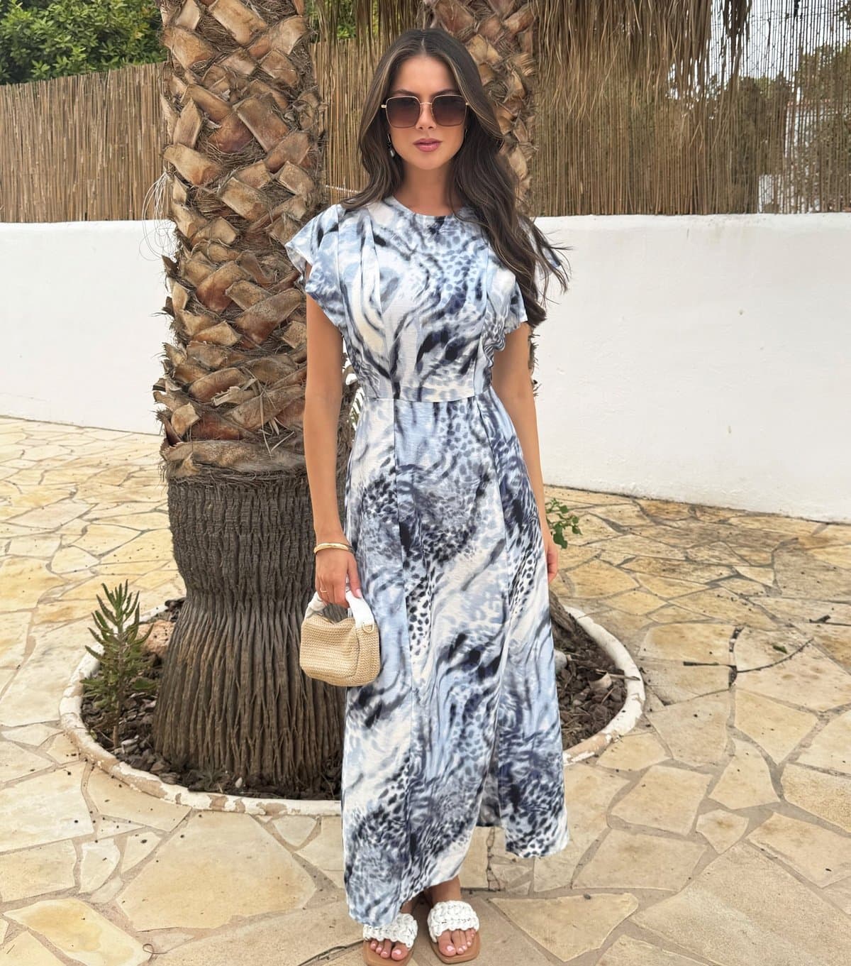 AX Paris Women's Blue Animal Print Flutter Sleeve Midi Dress AX Paris New Look