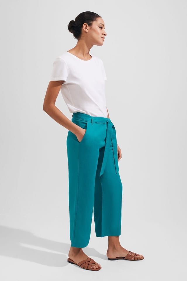 Hobbs London Hobbs London Women's Jacqui Linen Tie Belt Cropped Trousers in Turquoise - 3