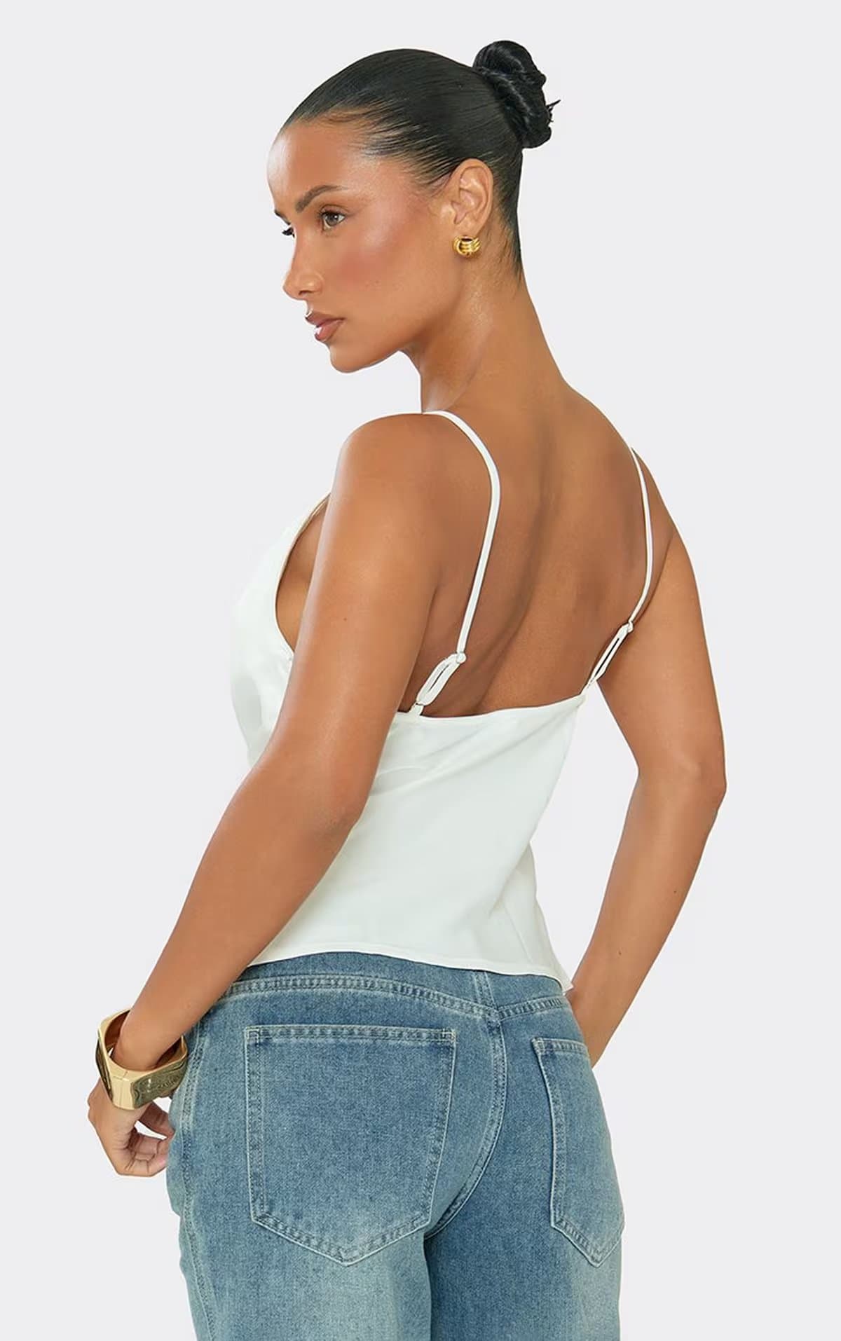 EGO EGO Cream Satin Strappy Lace Detail Draped Front Top