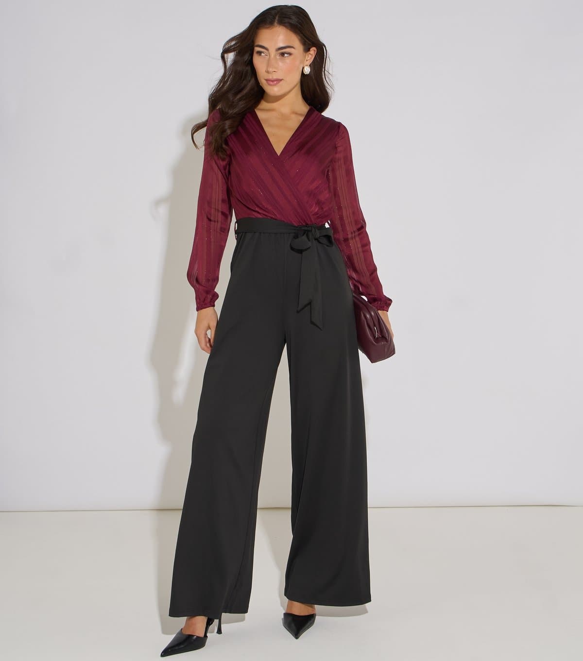 Gini London Women's Dark Red Striped Wrap Top Jumpsuit Gini London New Look