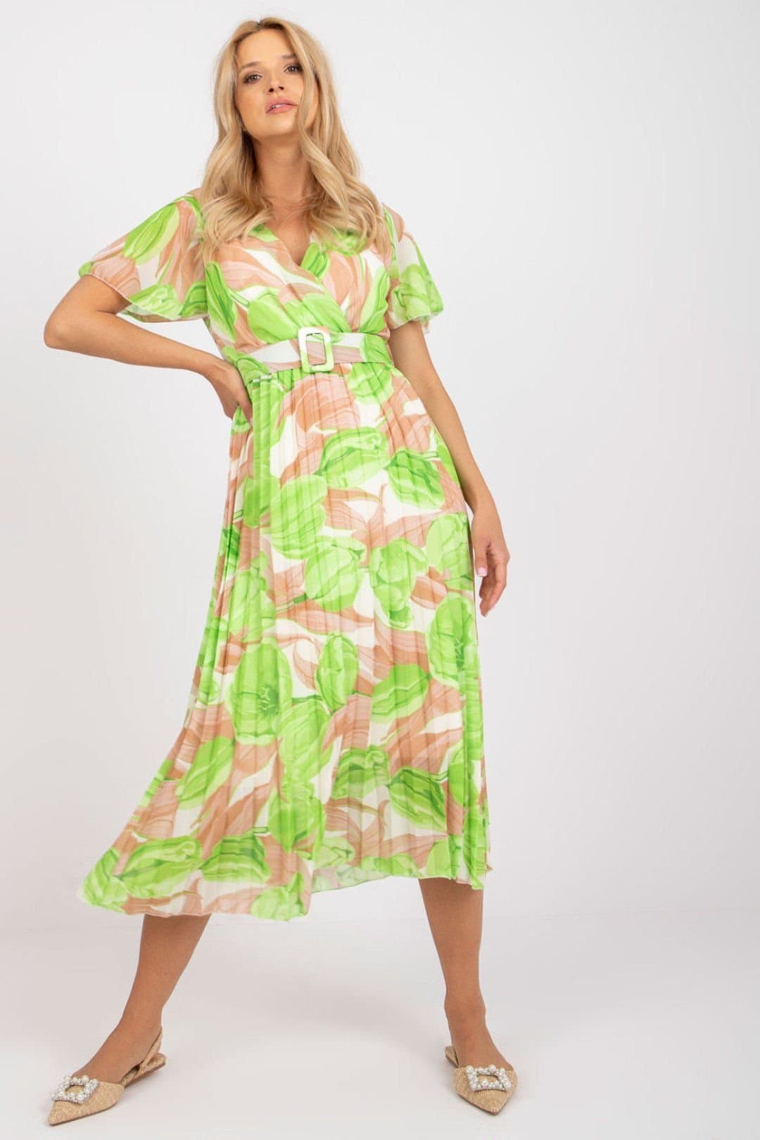 Love Lace Love Lace Women's Summer Frill Sleeve Belted Pleated Dress Style 166273 in Green