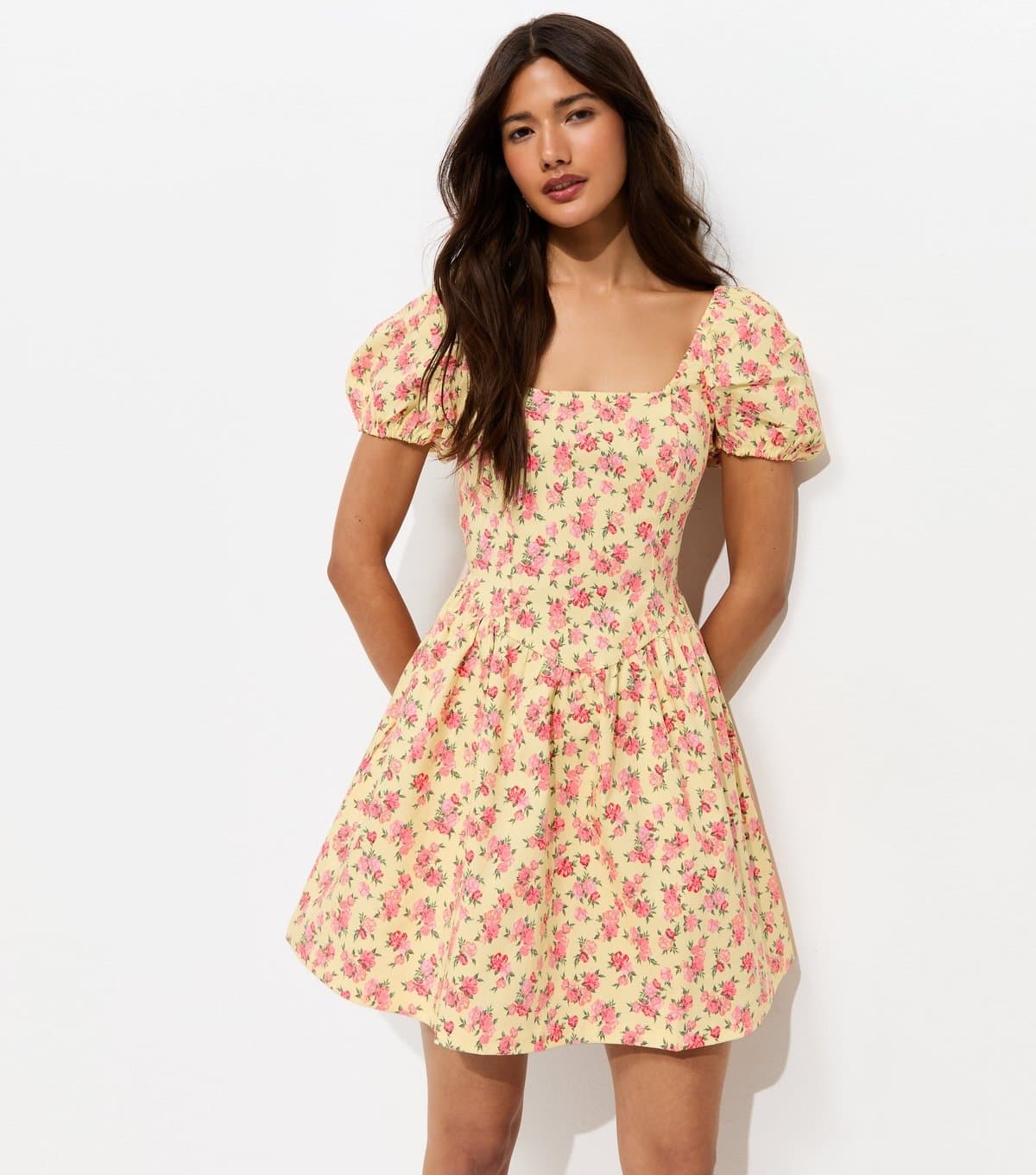 New Look Women's Yellow Floral Puff Sleeve Mini Dress New Look