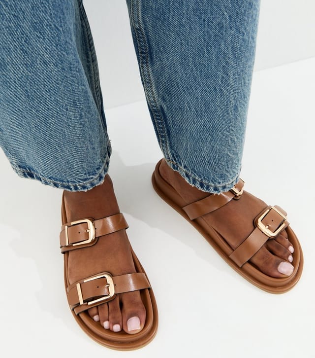 New Look Women's Tan Faux Leather Buckled Strap Sandals Vegan New Look - 2