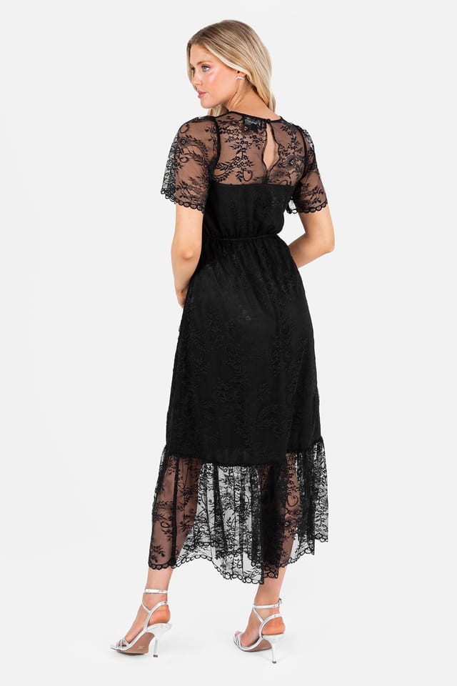 Lovedrobe Lovedrobe Women's Short Sleeve Lace Midi Dress in Black - 2
