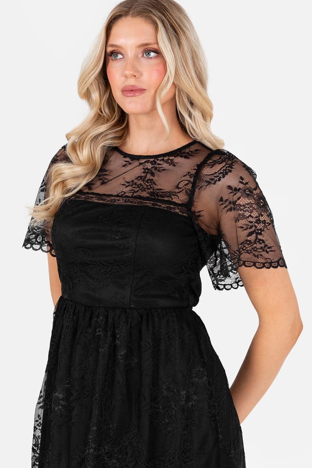 Lovedrobe Lovedrobe Women's Short Sleeve Lace Midi Dress in Black - 3
