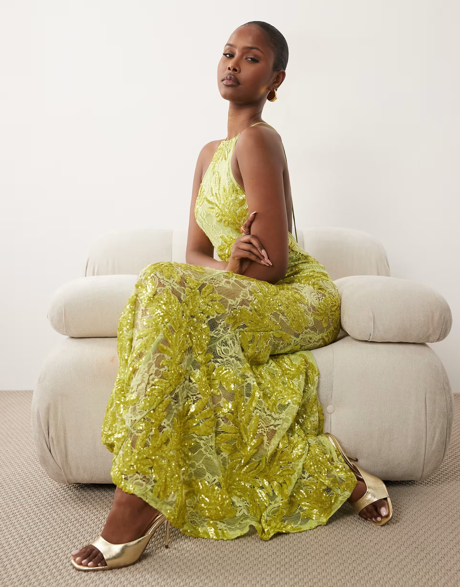 ASOS ASOS DESIGN embellished lace high neck maxi dress with full godet hem in lime