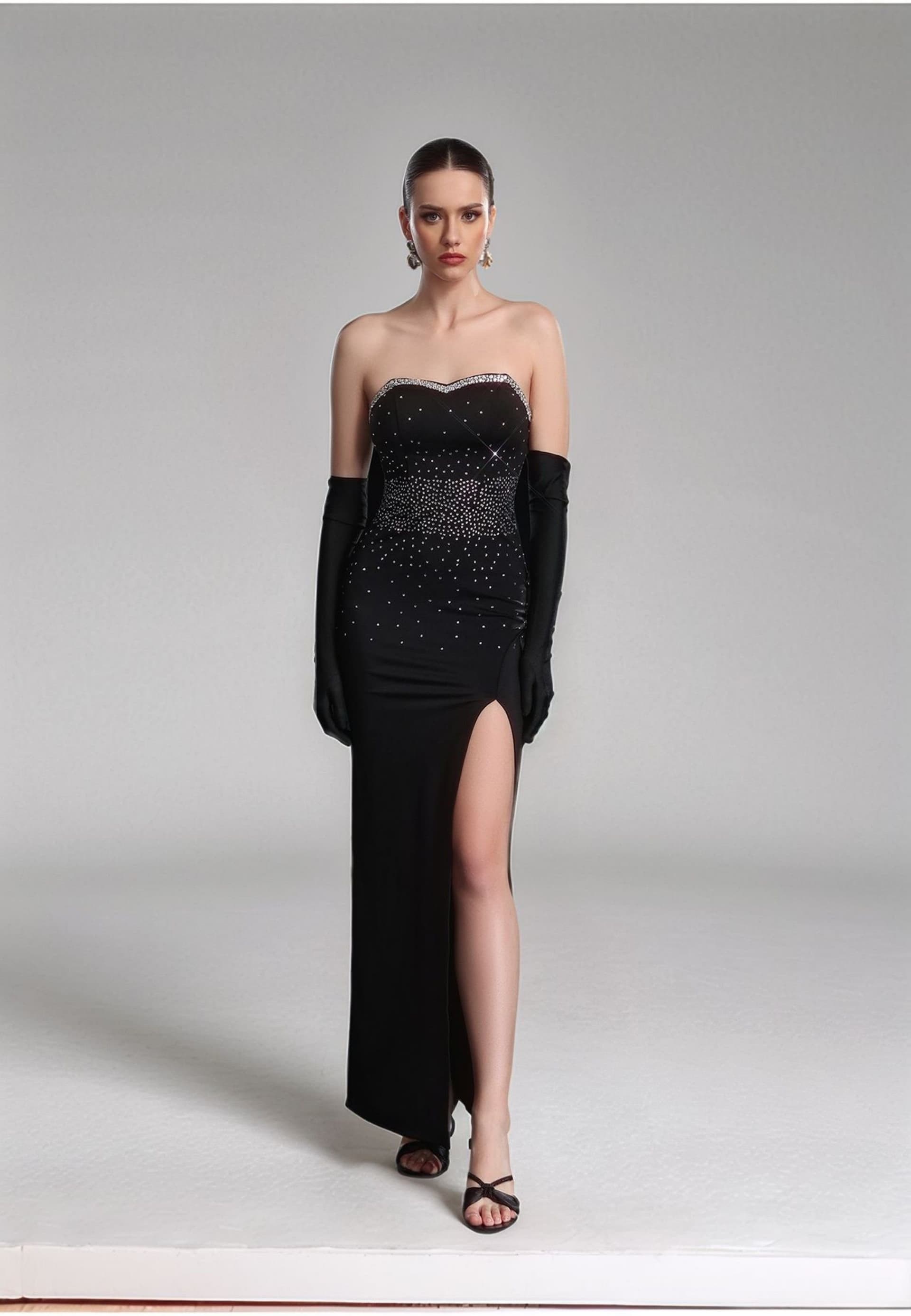 Divine Grace Divine Grace Black Embellished Strapless Maxi Dress