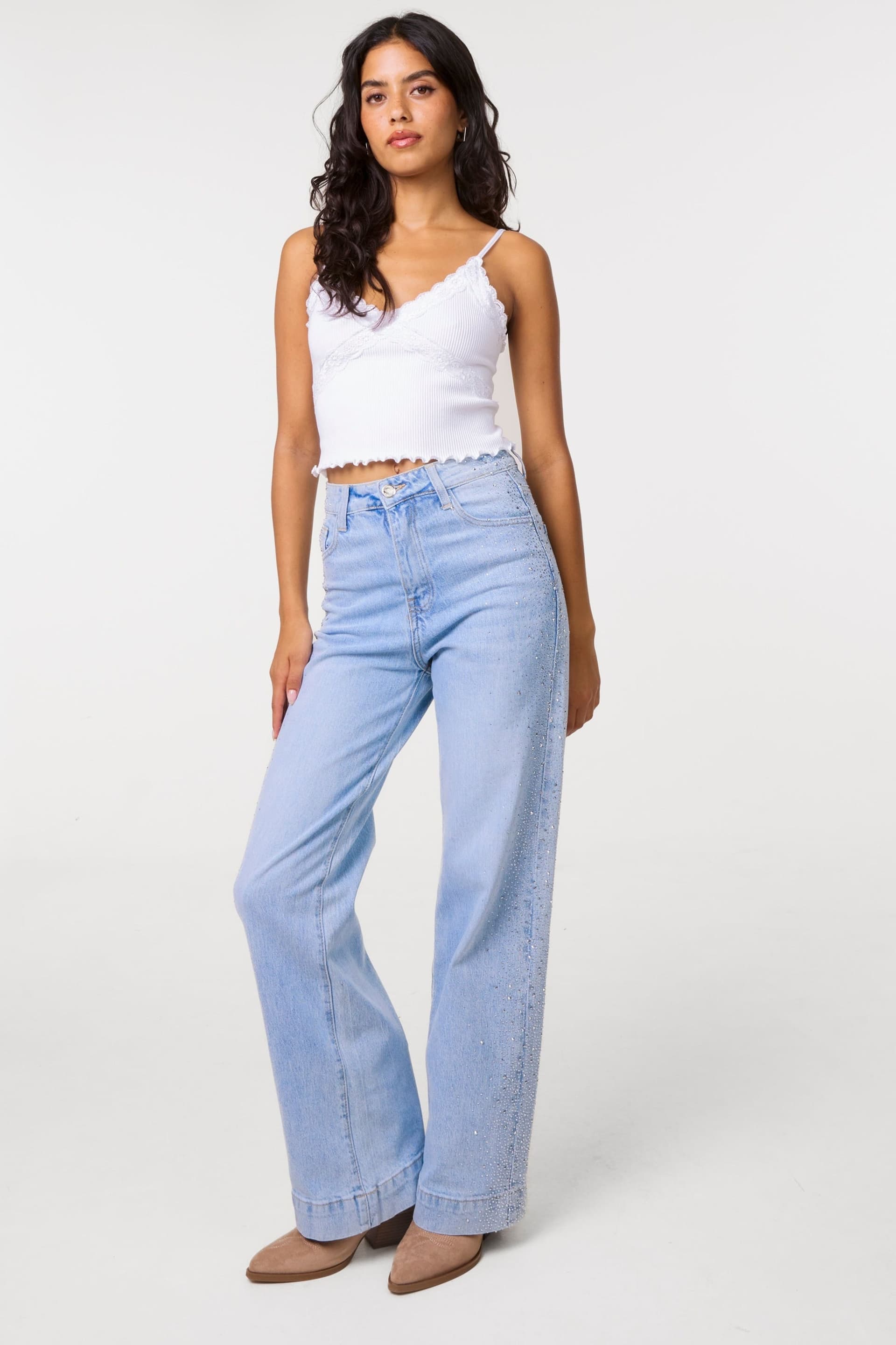 Pink Vanilla Pink Vanilla Women's Light Blue Diamante Side Wide Leg Jeans