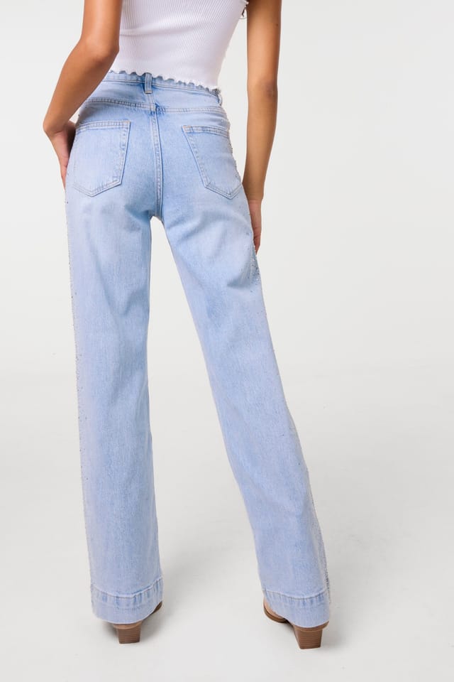 Pink Vanilla Pink Vanilla Women's Light Blue Diamante Side Wide Leg Jeans - 2