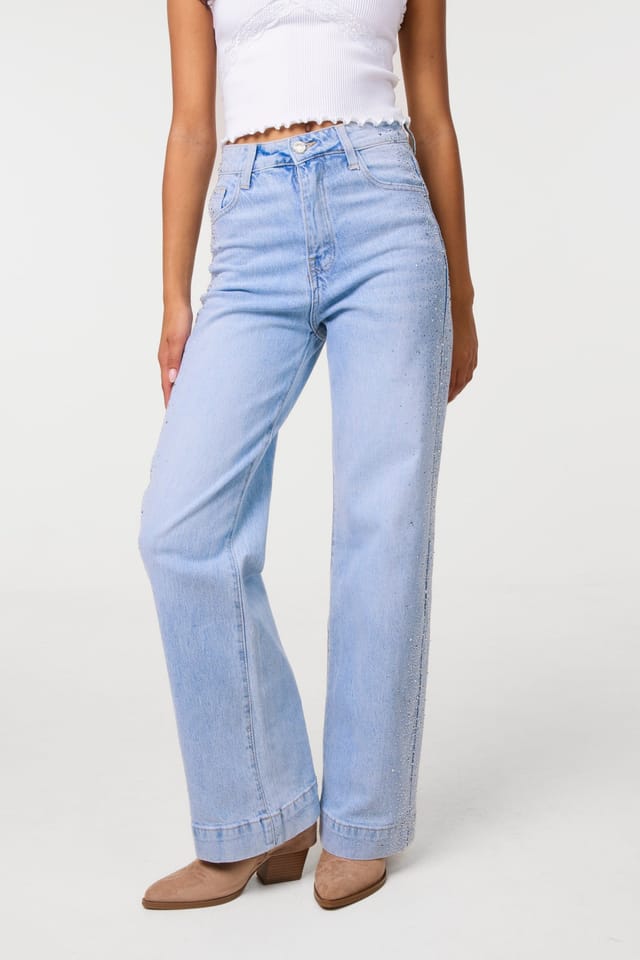 Pink Vanilla Pink Vanilla Women's Light Blue Diamante Side Wide Leg Jeans - 3