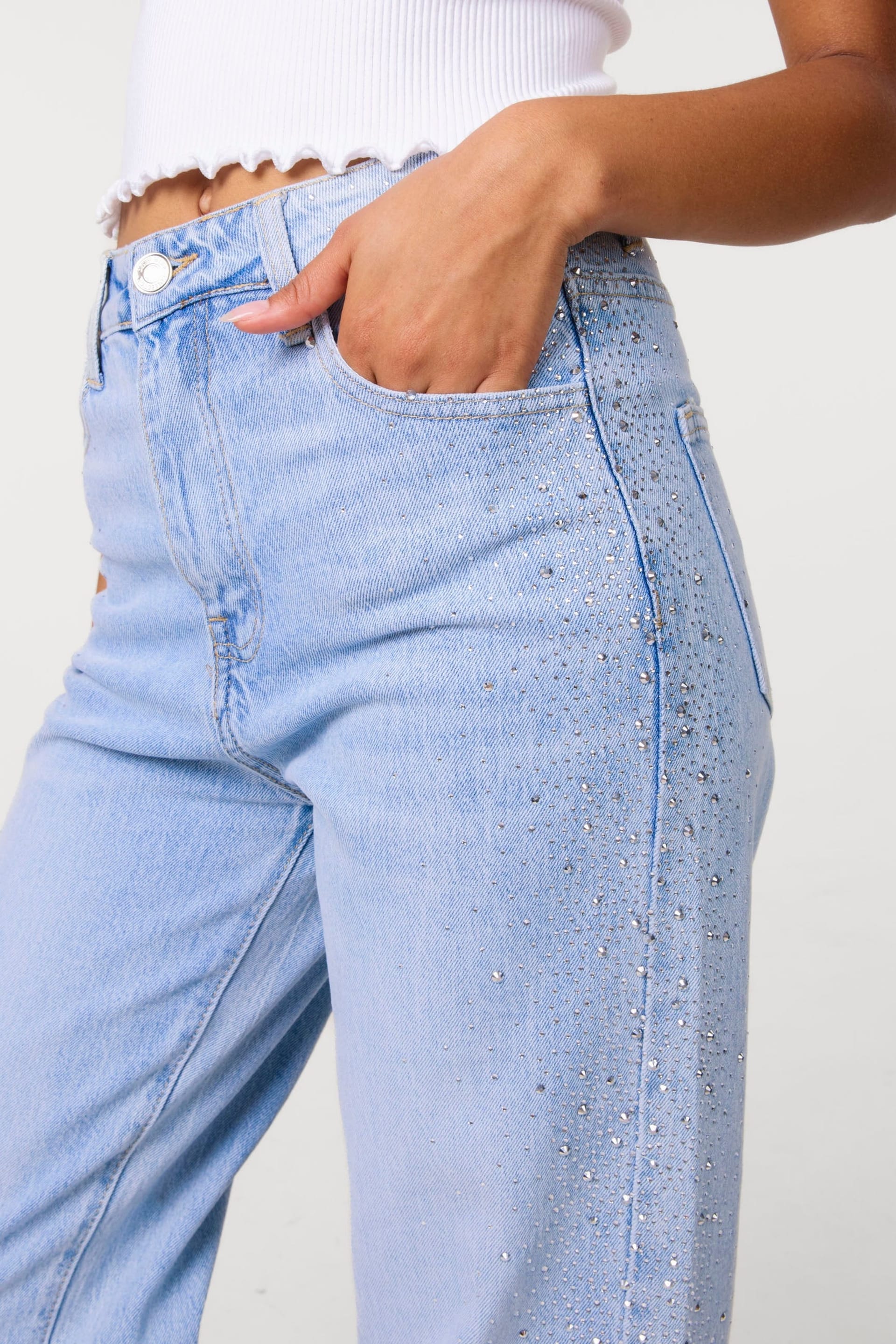 Pink Vanilla Pink Vanilla Women's Light Blue Diamante Side Wide Leg Jeans - 4