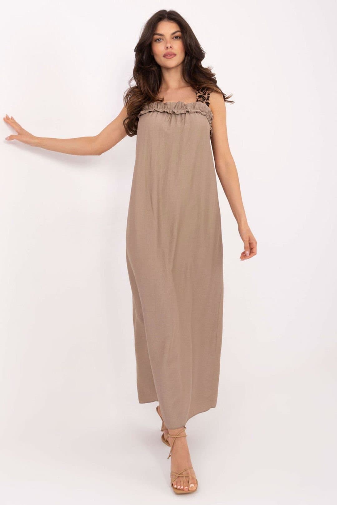 Love Lace Love Lace Women's Italy Viscose Summer Leopard Strap Maxi Dress in Beige