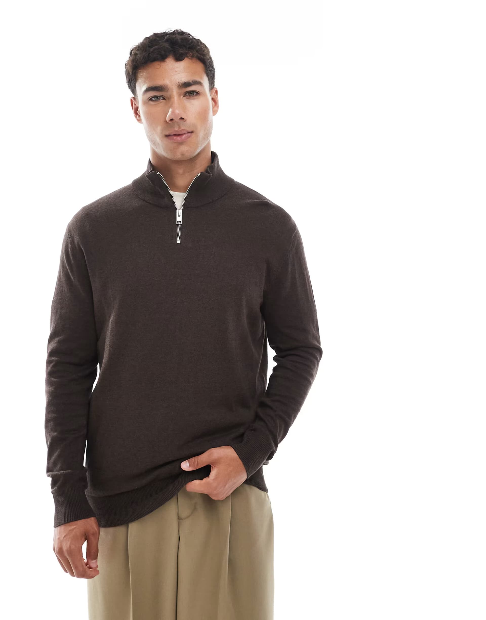 ASOS Jack & Jones quarter zip jumper in brown
