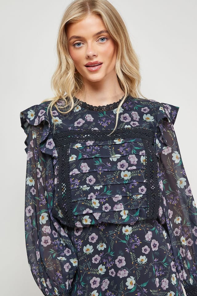 Oasis Oasis Women's Printed Lace Trim Pleat Detail Mini Dress in Black - 3
