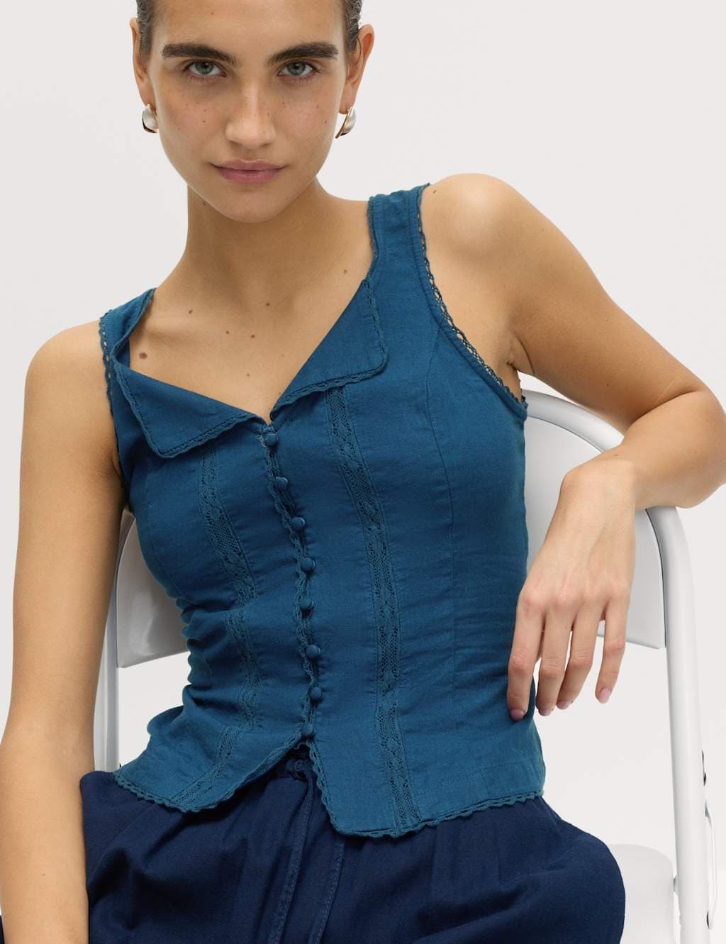 Marks & Spencer M&S Linen Rich Lace Insert Button Detail Blouse Dark Marine