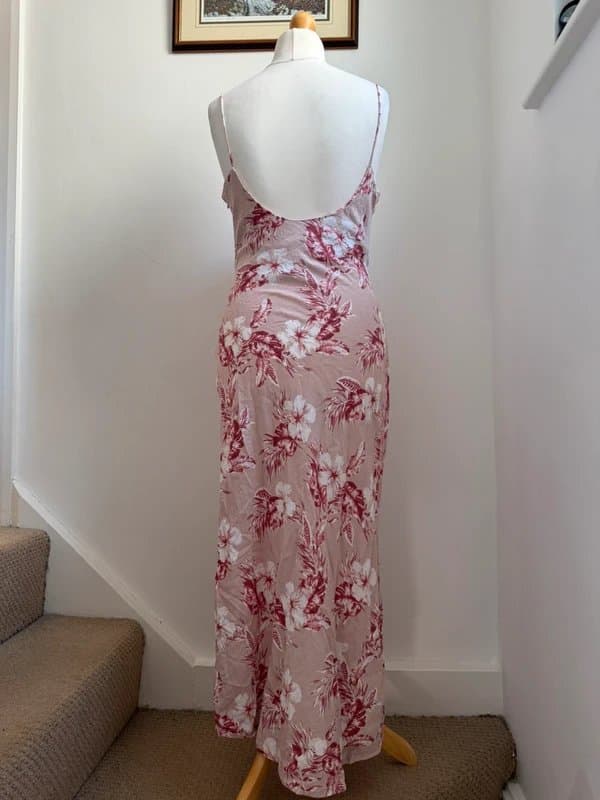 ASOS Design Linen Blend Pink Floral Slip Maxi Dress, Summer Beach Holiday - Size UK 14