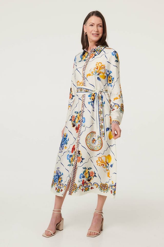 Izabel London Izabel London Women's Printed Long Sleeve Maxi Shirt Dress in Beige - 2