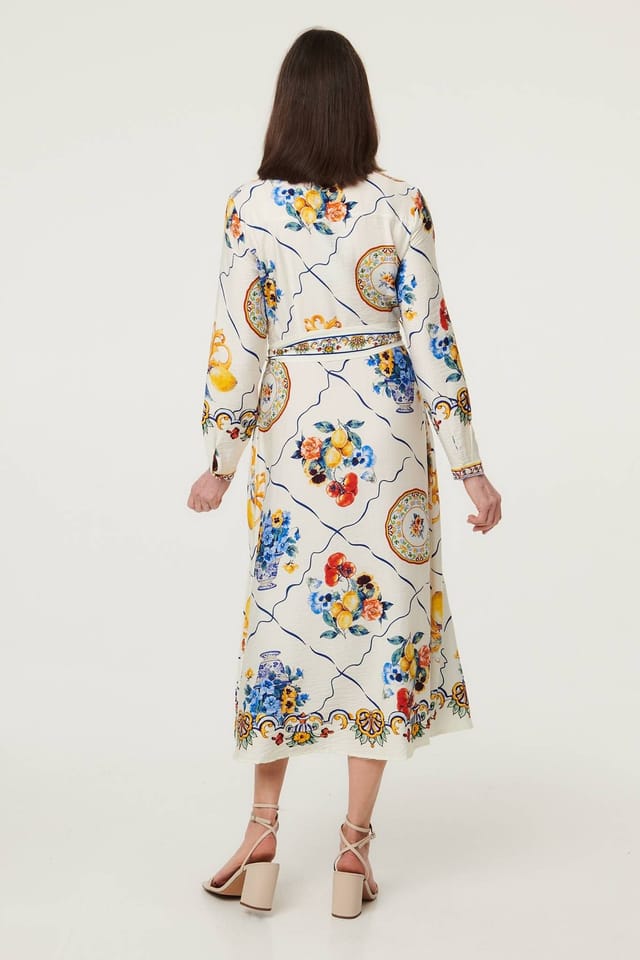 Izabel London Izabel London Women's Printed Long Sleeve Maxi Shirt Dress in Beige - 3