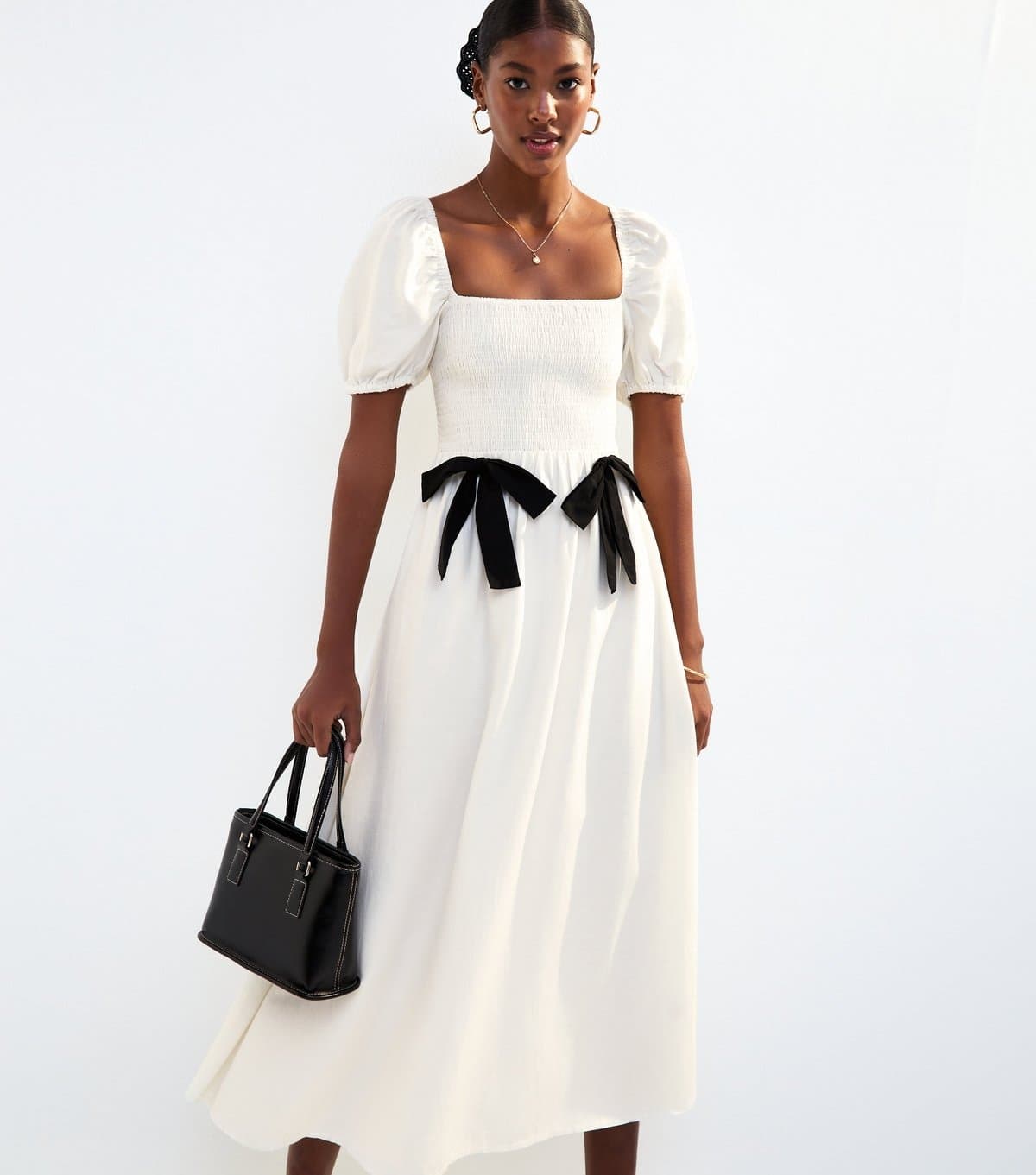 New Look Women's White Shirred Bow Trim Midi Dress New Look