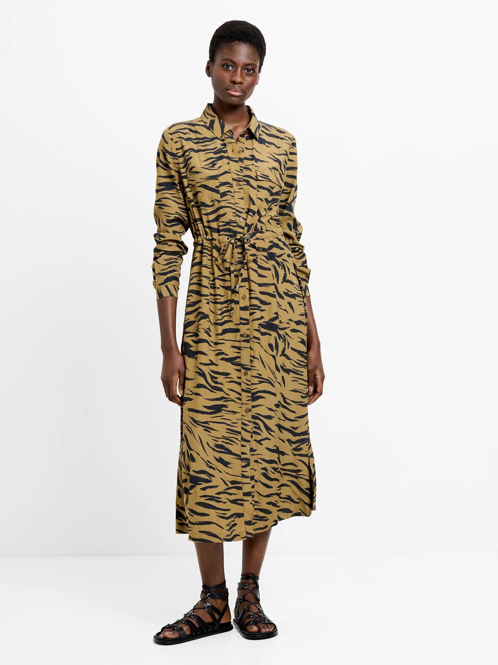 French Connection Adeline Delphine Shirt Dress Golden Olive