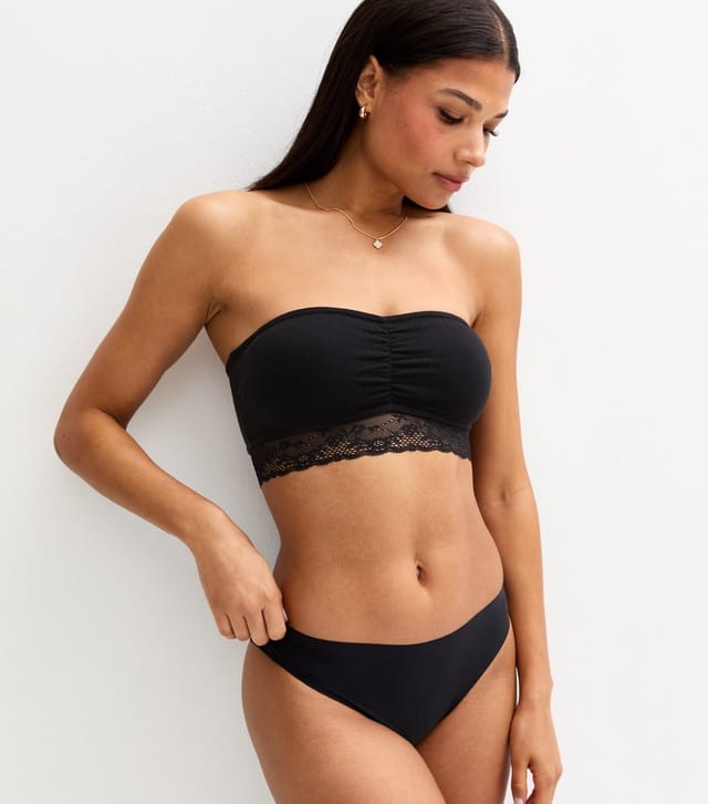 New Look Women's Black Ribbed Jersey Lace Trim Bandeau New Look - 2
