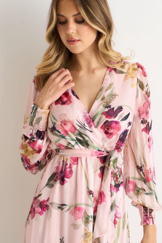 Gini London Gini London Women's Pink Floral Print Sparkle Chiffon Wrap Midi Dress in Light Pink - 2