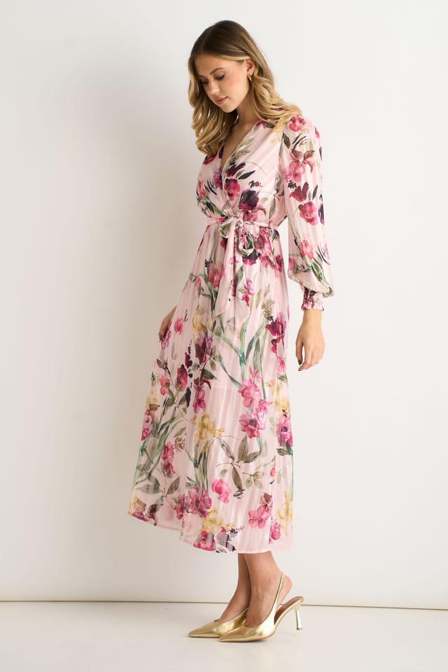 Gini London Gini London Women's Pink Floral Print Sparkle Chiffon Wrap Midi Dress in Light Pink - 3