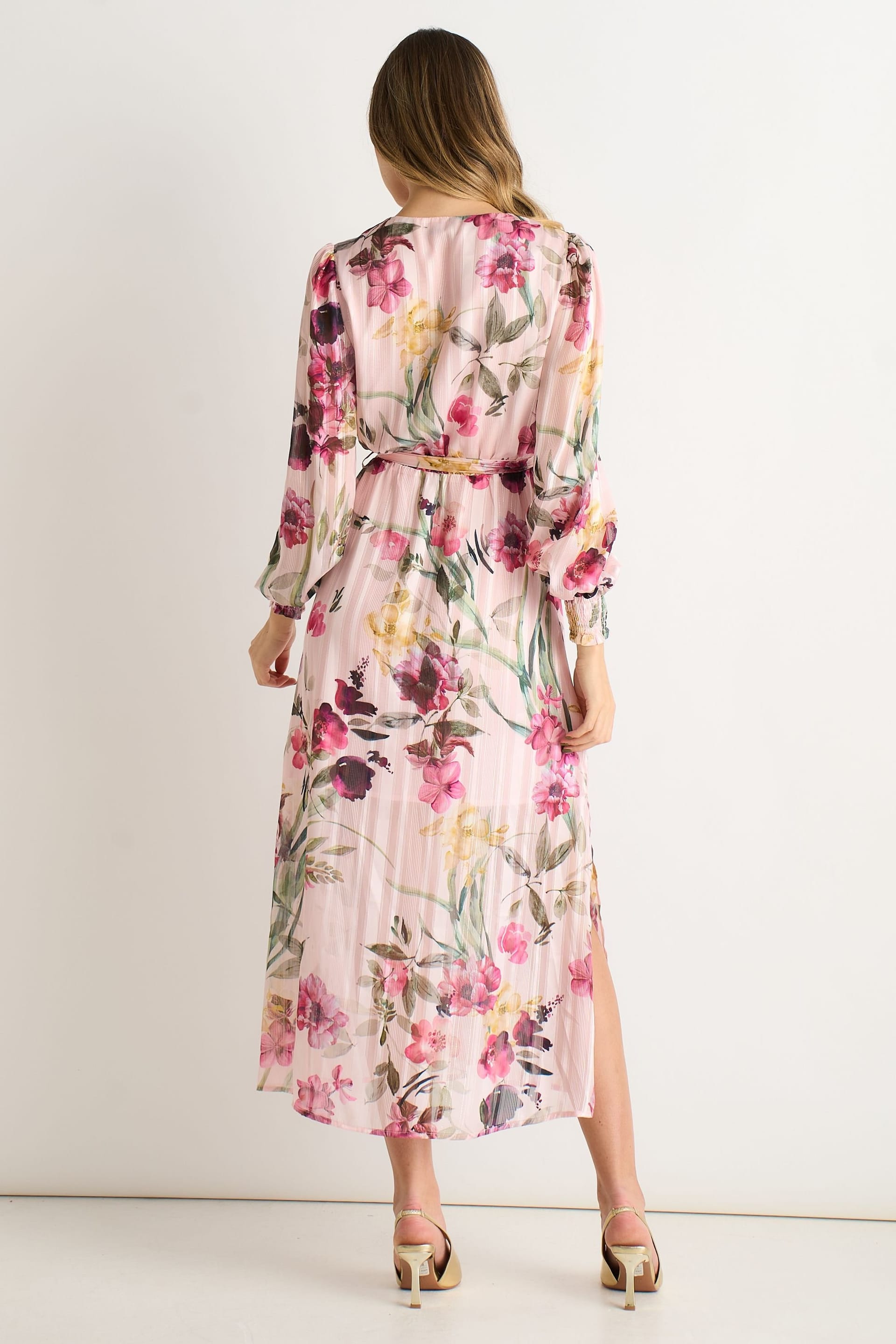 Gini London Gini London Women's Pink Floral Print Sparkle Chiffon Wrap Midi Dress in Light Pink - 4