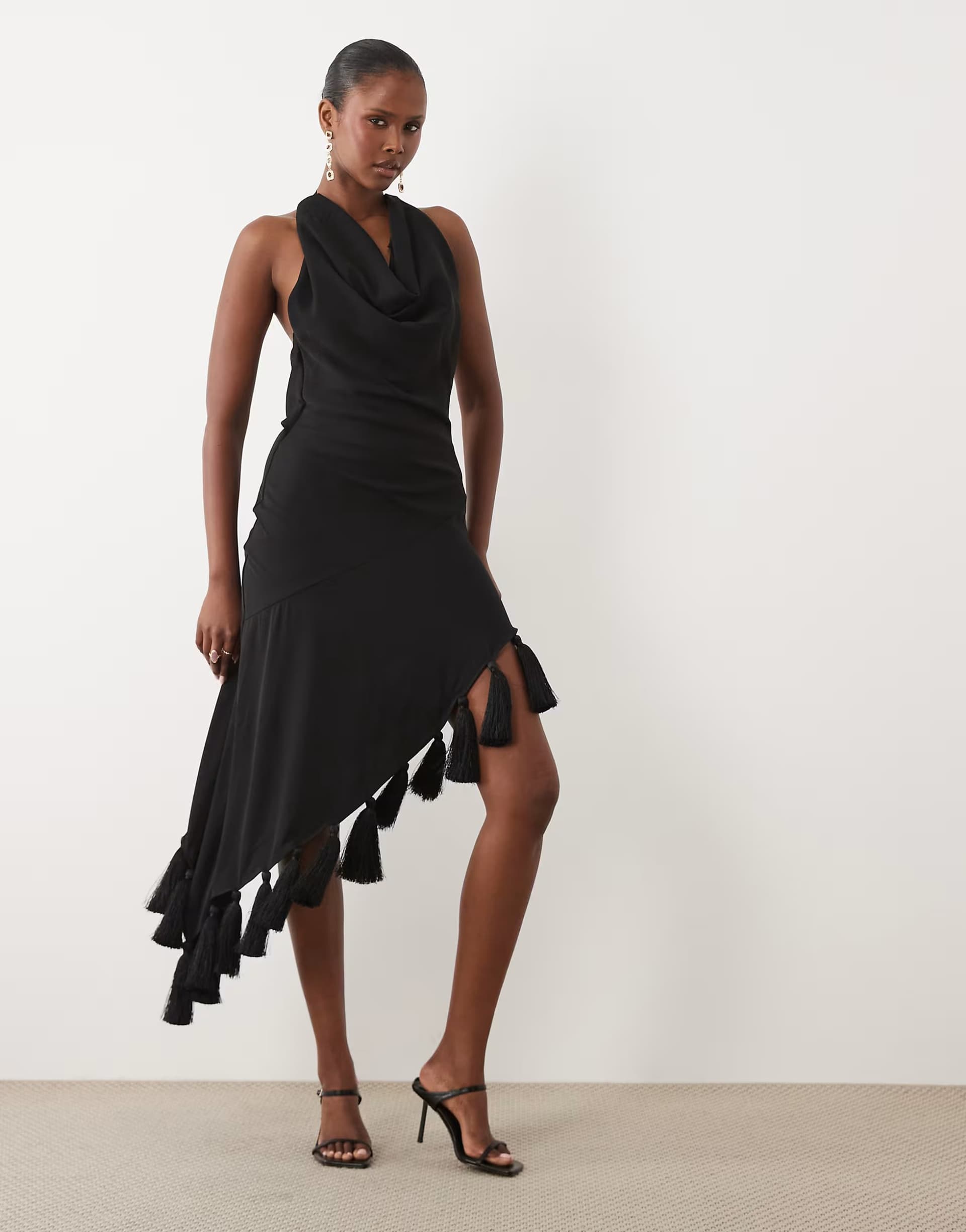 ASOS ASOS DESIGN halter neck asymmetric midi dress with tassel hem in black
