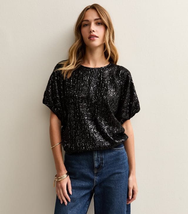 New Look Women's Black Bubble Hem Sequin Top New Look - 2