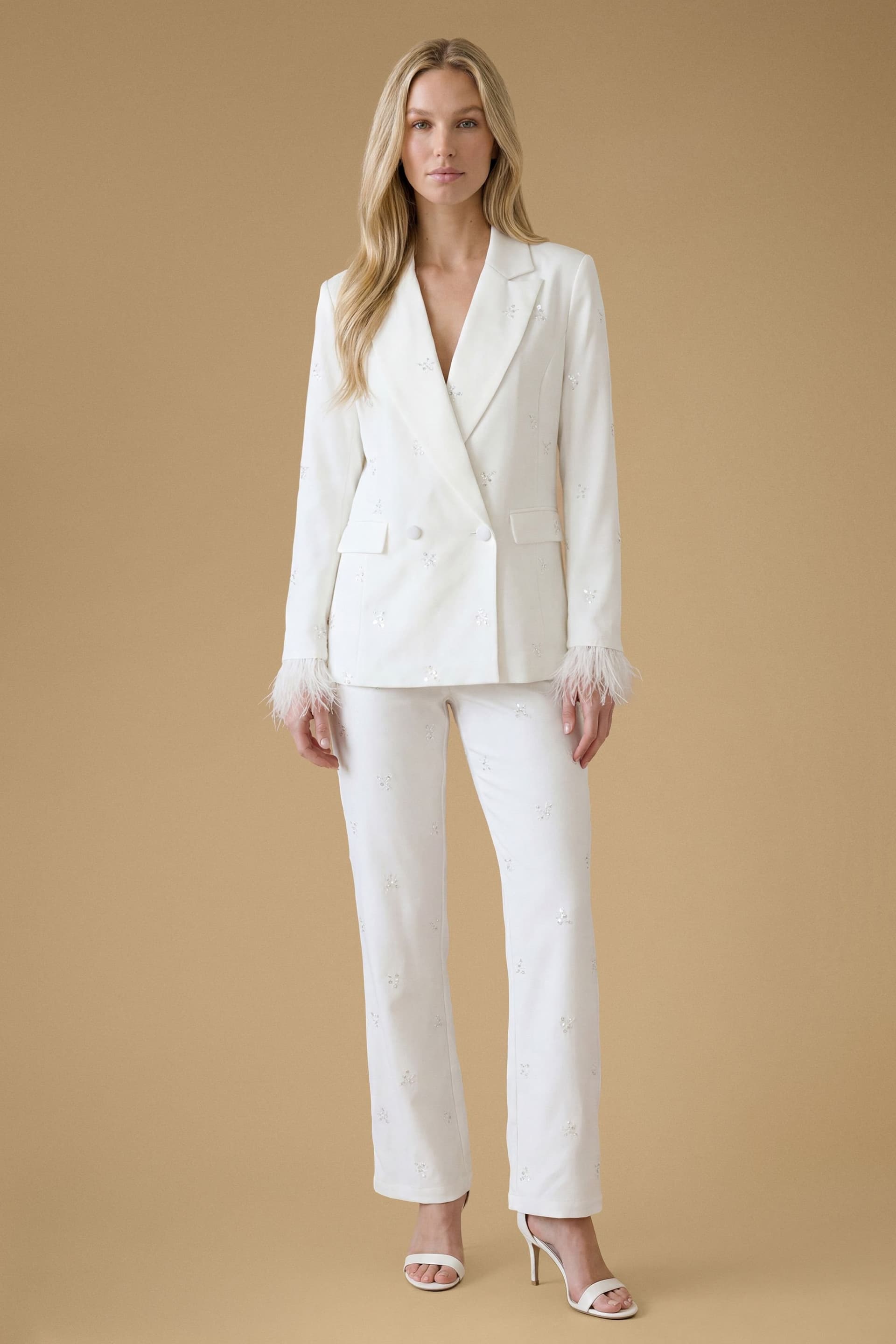 Oasis Oasis Women's Hen Feather Cuff Jewelled Blazer in Ivory