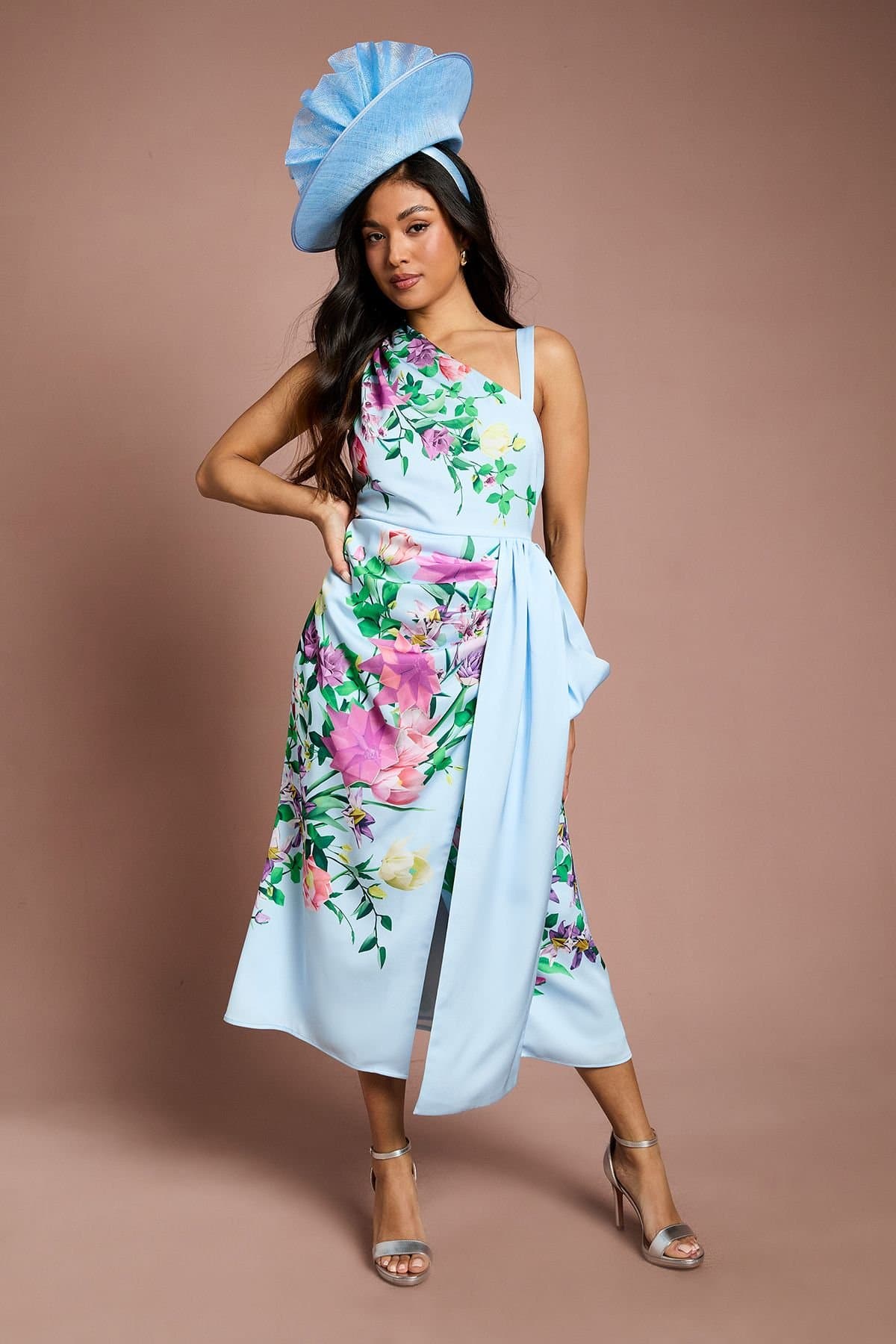 Coast Coast Women's Petite Lisa Tan Placement Print Satin Floral Bow Detail Midi Dress in Sage