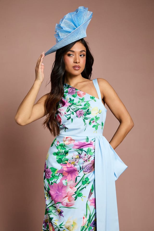 Coast Coast Women's Petite Lisa Tan Placement Print Satin Floral Bow Detail Midi Dress in Sage - 2