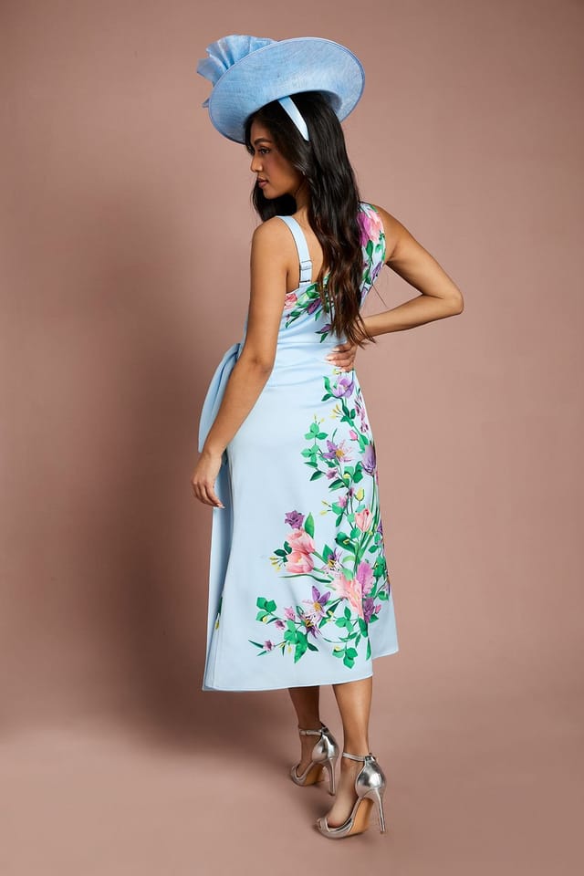 Coast Coast Women's Petite Lisa Tan Placement Print Satin Floral Bow Detail Midi Dress in Sage - 3