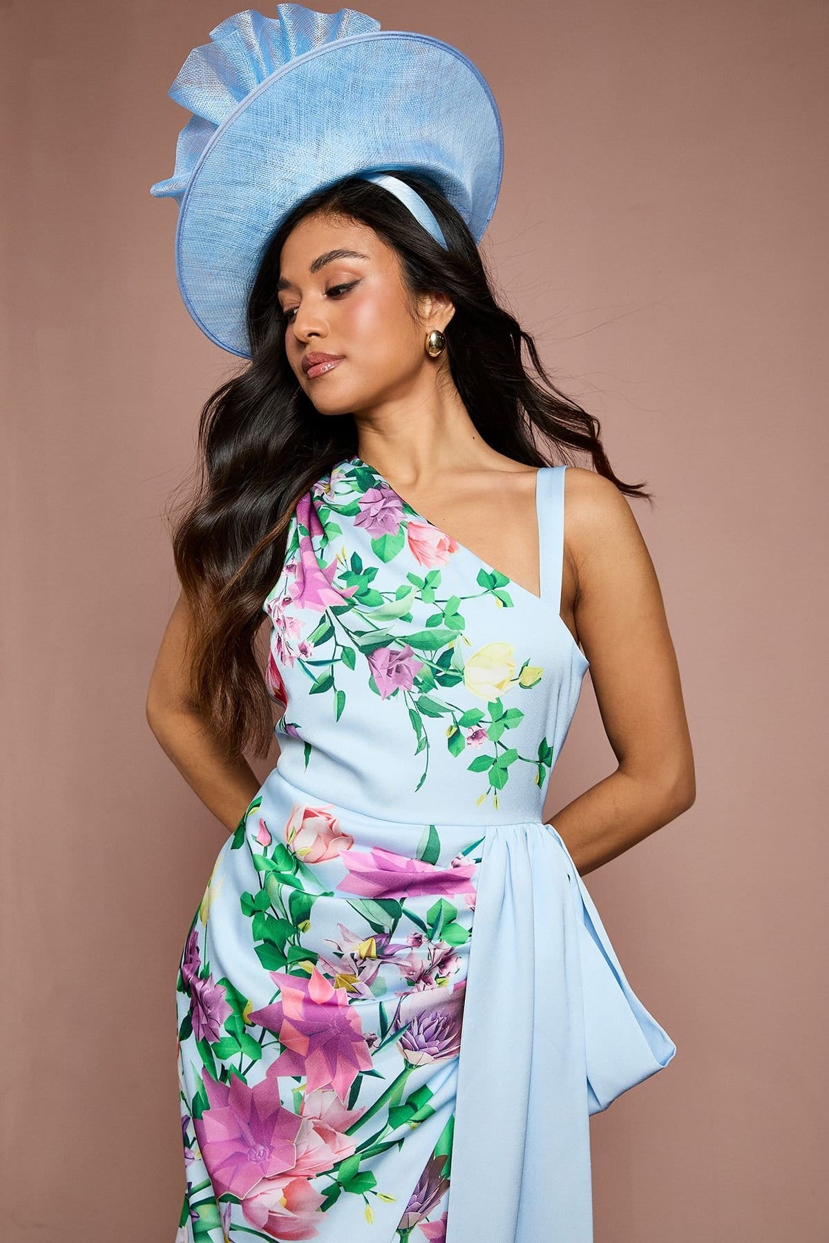 Coast Coast Women's Petite Lisa Tan Placement Print Satin Floral Bow Detail Midi Dress in Sage - 4