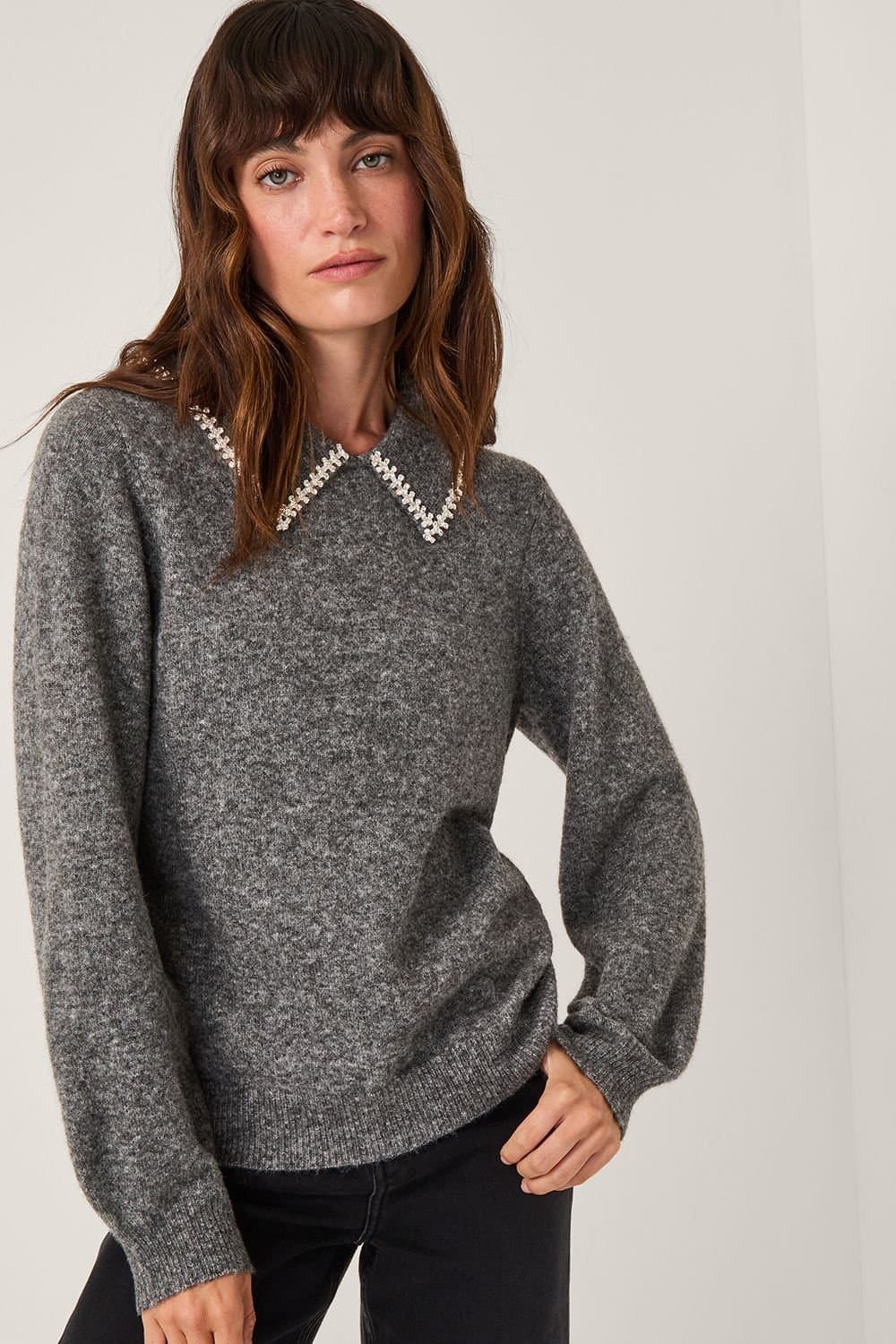 Monsoon Monsoon Grey Embellished Collar Jumper