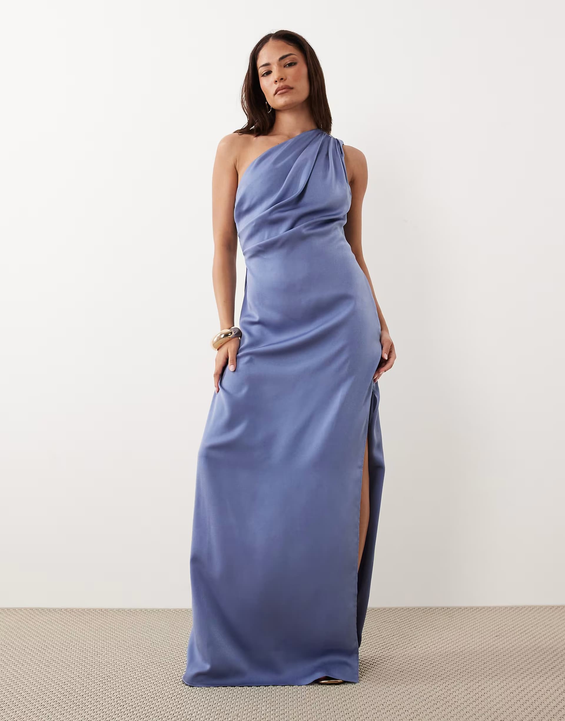 ASOS ASOS DESIGN Petite one shoulder satin maxi dress with pleat detail in lavender blue