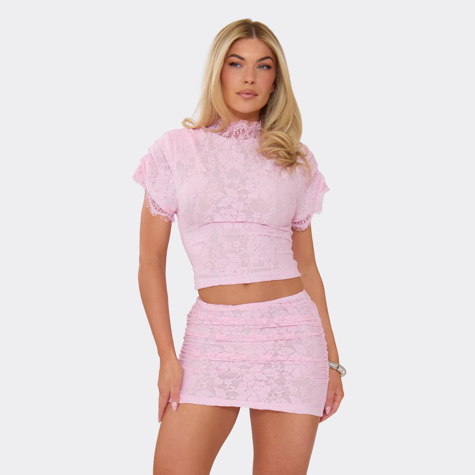 EGO EGO Pink Lace Shoulder Pad Detail Top, Women's Size UK 6