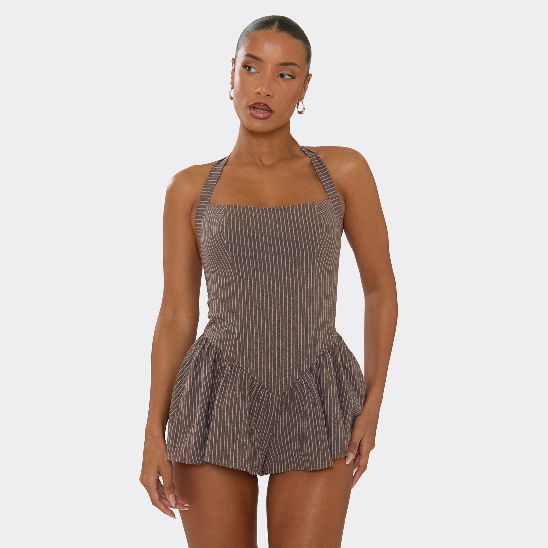 EGO Halterneck V Waist Playsuit In Brown Stripe Linen Look, Women's Size UK 6