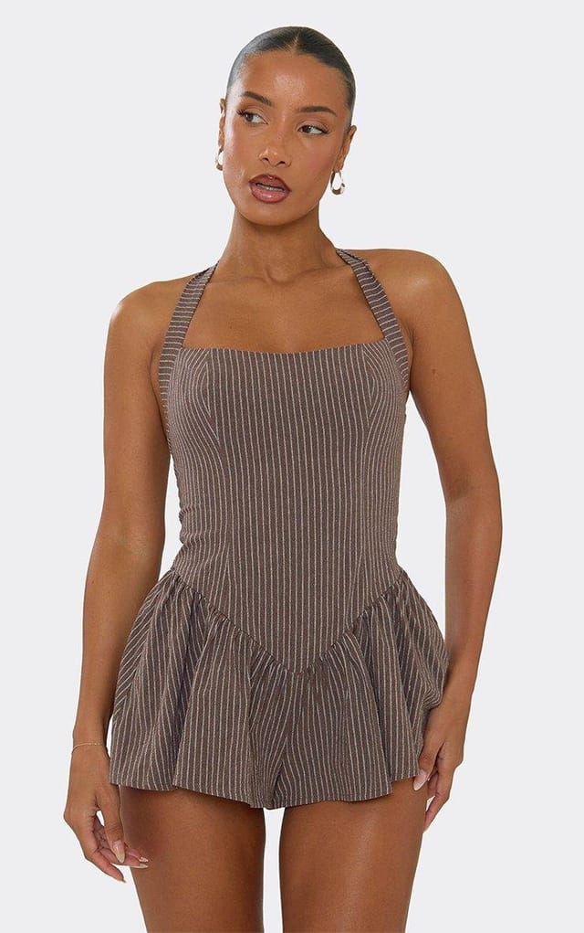 EGO Halterneck V Waist Playsuit In Brown Stripe Linen Look, Women's Size UK 6 - 2