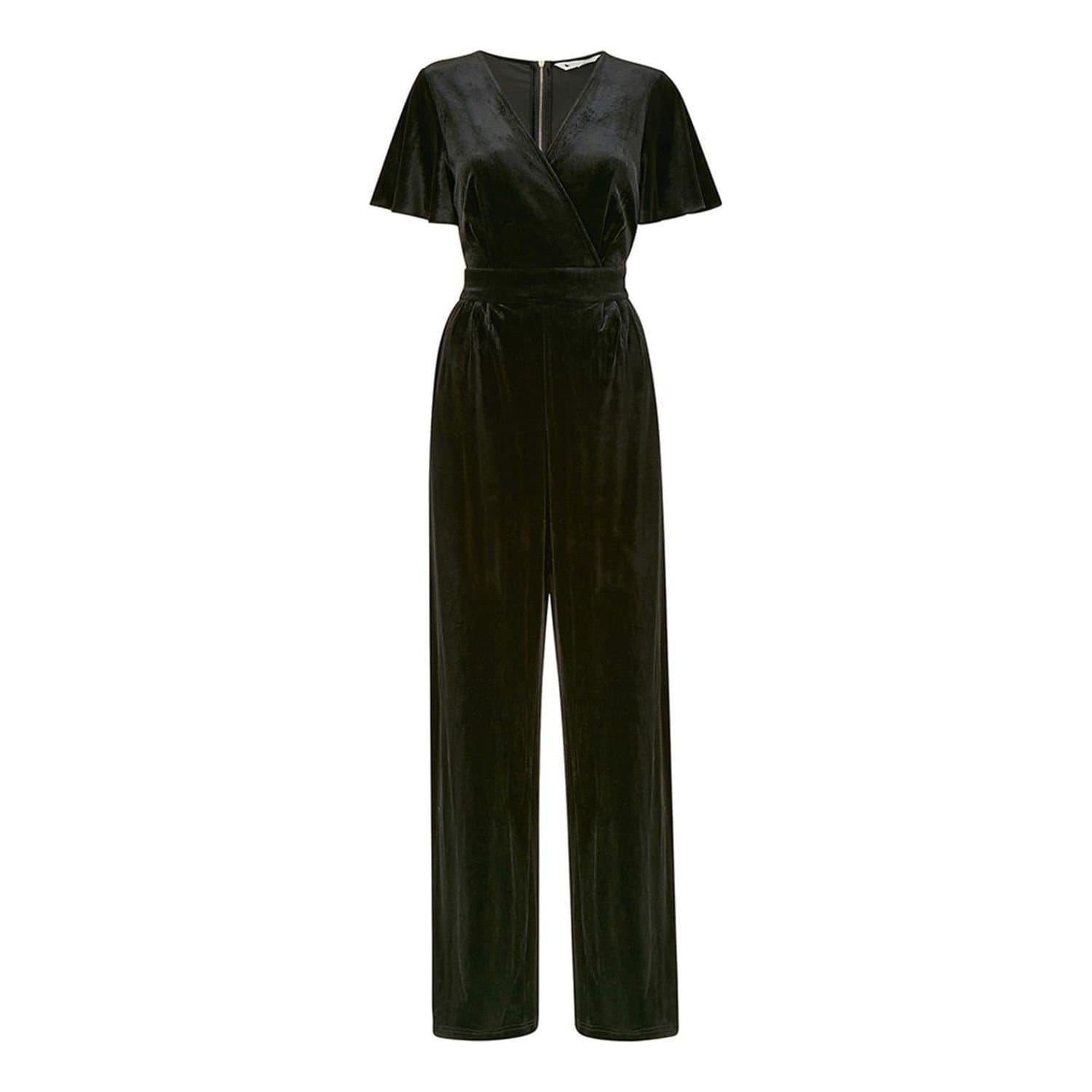 Yumi Yumi Women's Wrap Velvet V Neck Angel Sleeve Jumpsuit in Black