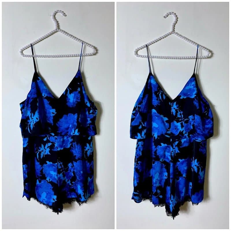 Topshop Topshop Blue Black Satin Floral Lace Hem Strappy Romper Playsuit Size 12 Large
