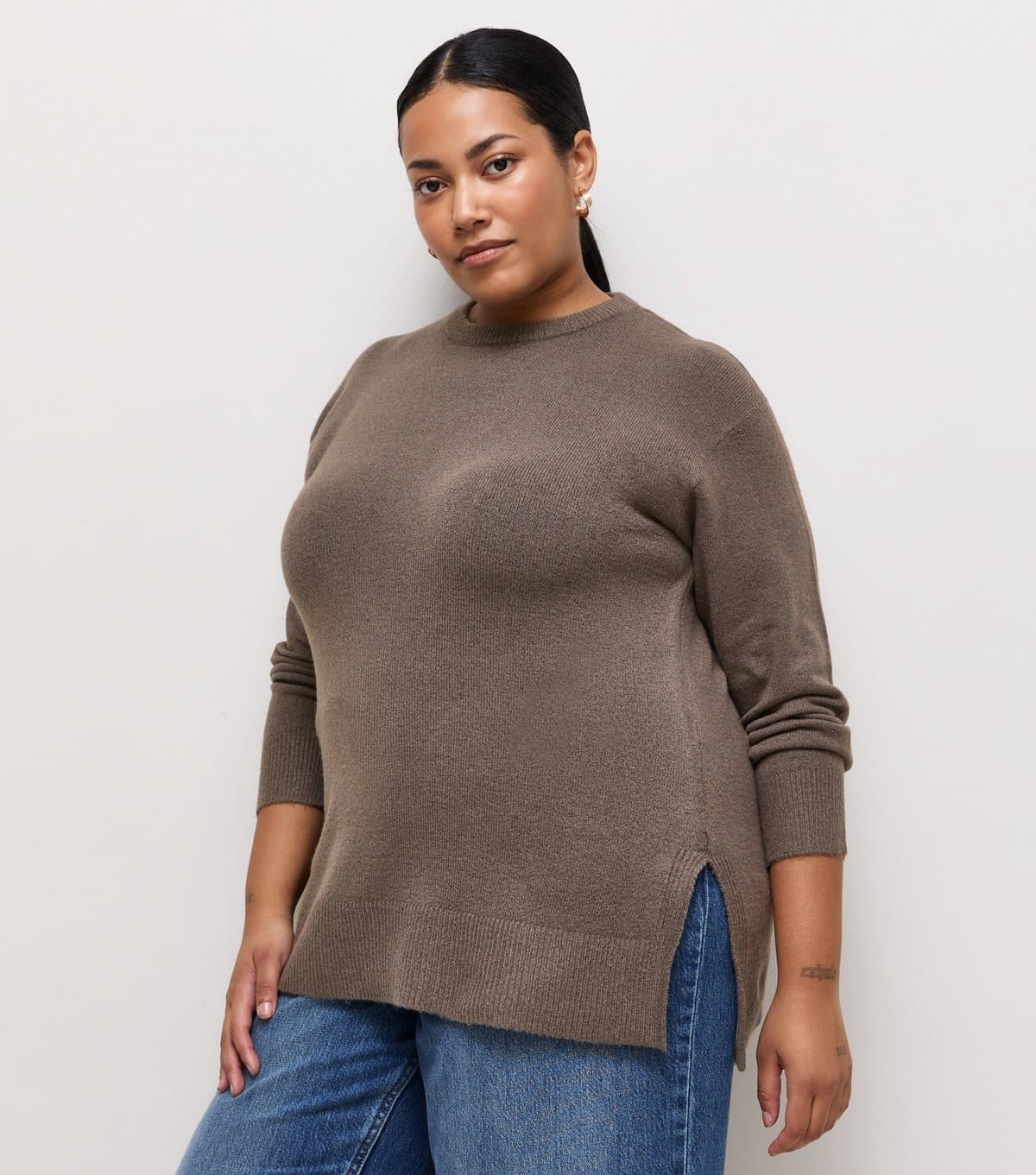 New Look New Look Plus Size Dark Mink Side Slit Knitted Jumper