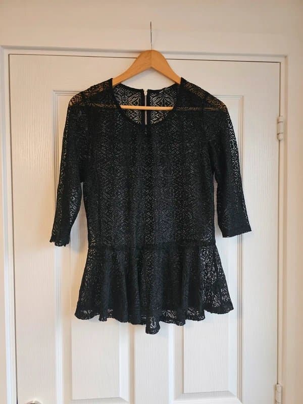 Next Black Mesh Peplum Top – Gothic / Romantic – Size 14