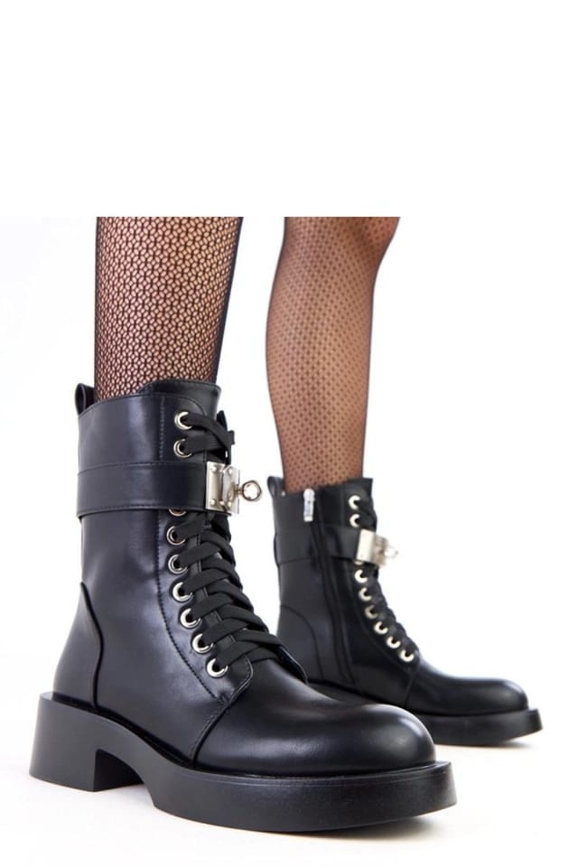 Love Lace Love Lace Women's Ankle Bootie Decorative Strap Double Lace Zip 5cm Heel Stable in Black - 2